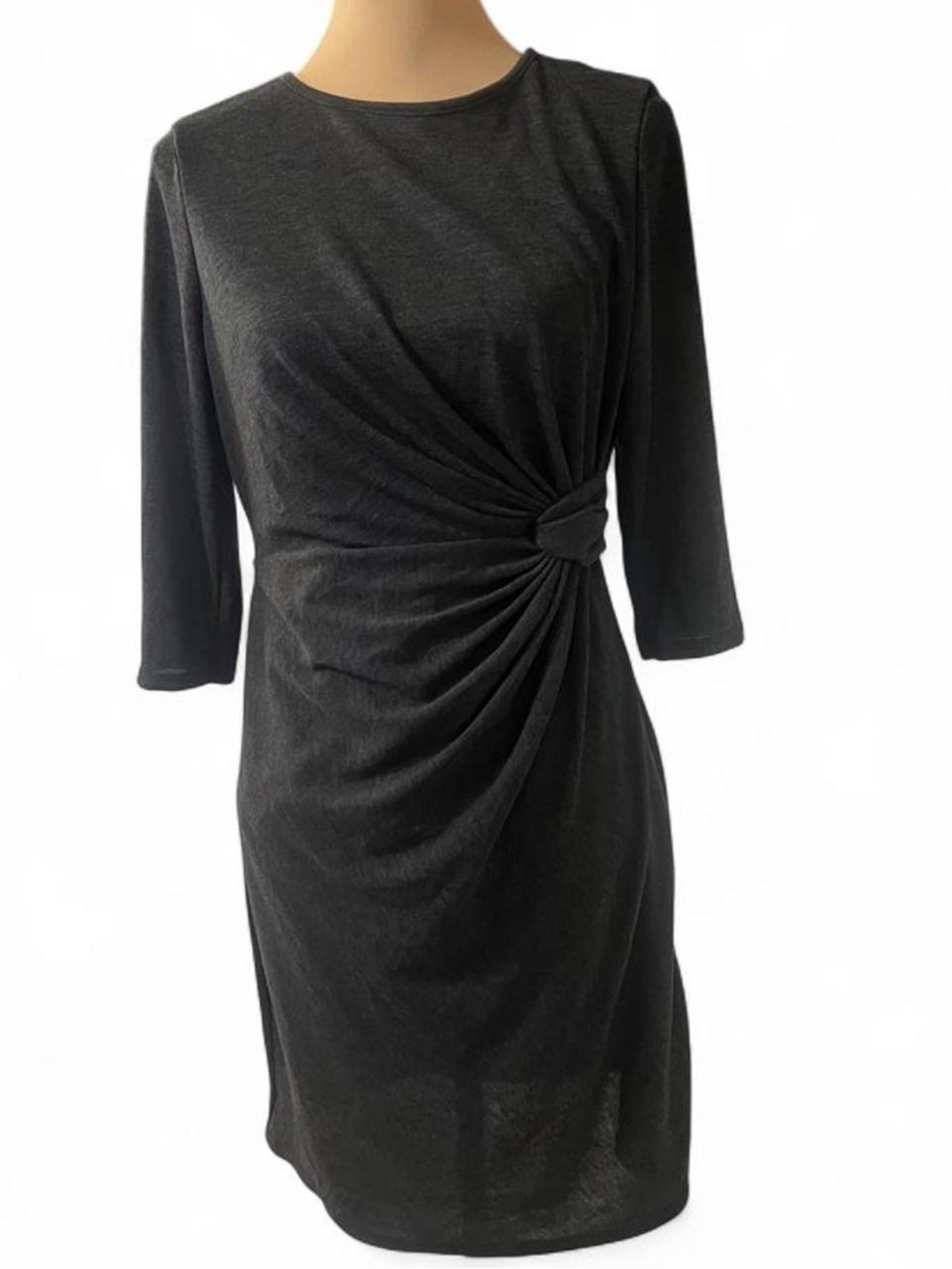 Black Side-Ruche Midi Dress with Three-Quarter Sleeves